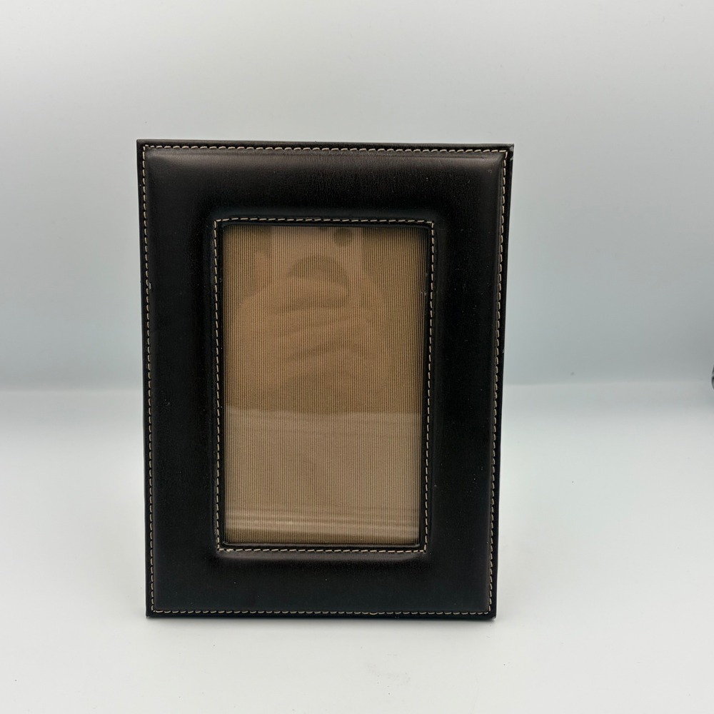 Brown Faux Leather Photo Frame With White Stitching For‎ Desk or Shelf